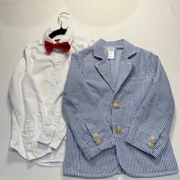 Carter's Seersucker Blazer Button Up Bow Tie Set Blue Stripe Size 5 - Picture 4 of 8